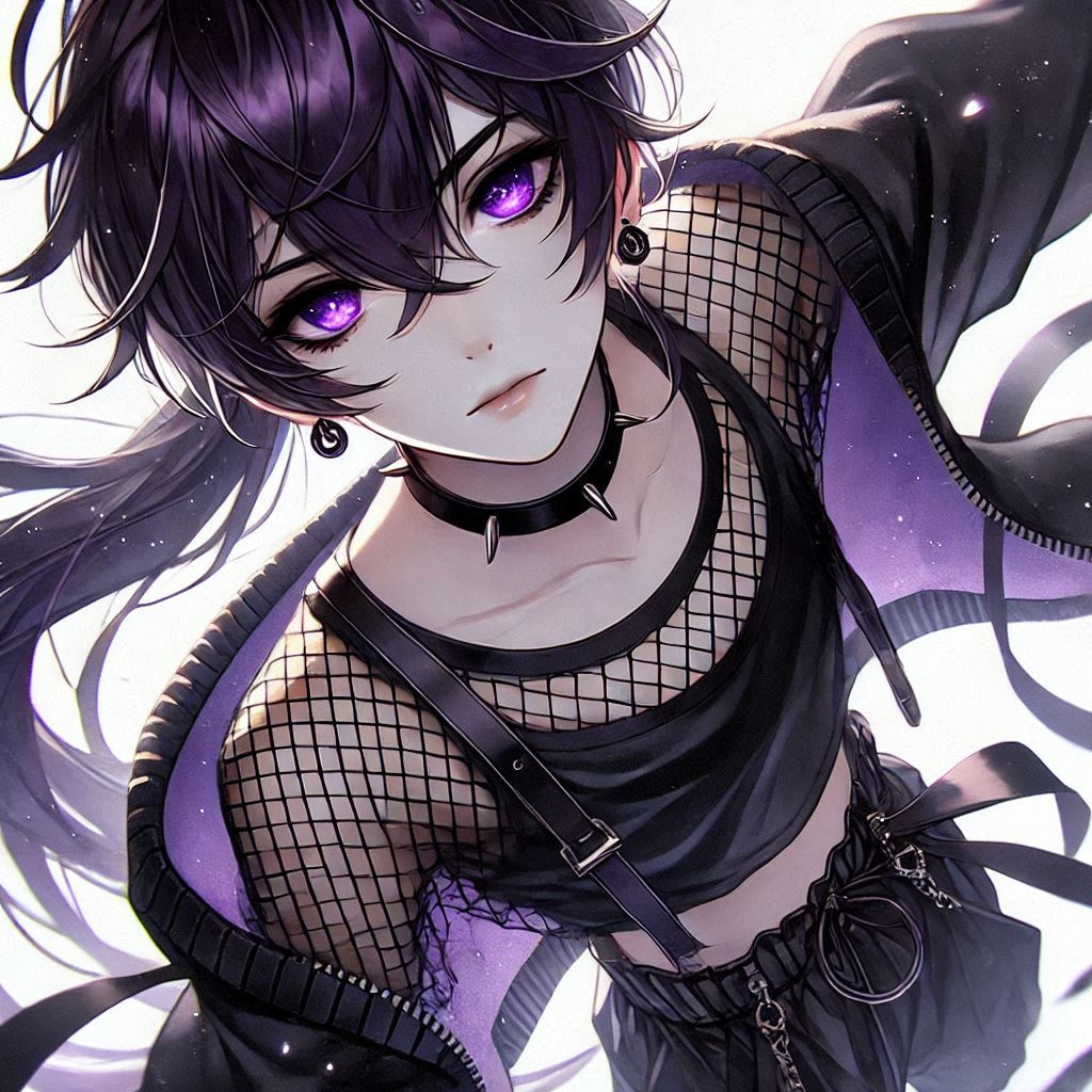 an ethereal anime boy with dark purple hair in a ponytail, wearing a black crop top with a fis...jpg