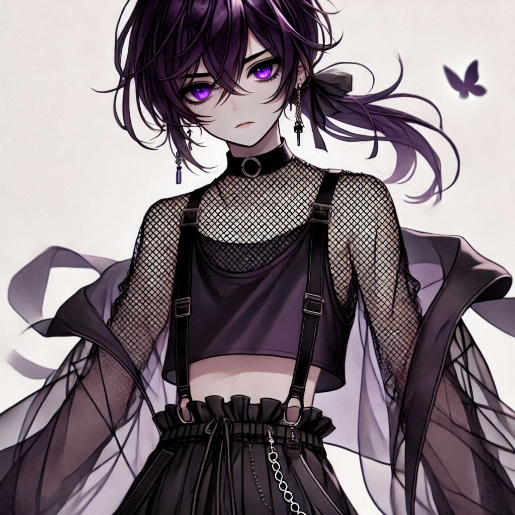 an ethereal anime boy with dark purple hair in a ponytail, wearing a black crop top with a fis...jpg