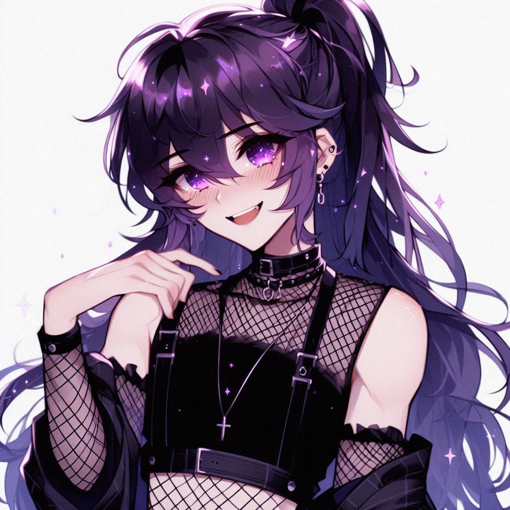 anime boy with dark purple ethereal hair in a ponytail, fluffy bangs, pink twinkly eyes, black...jpg