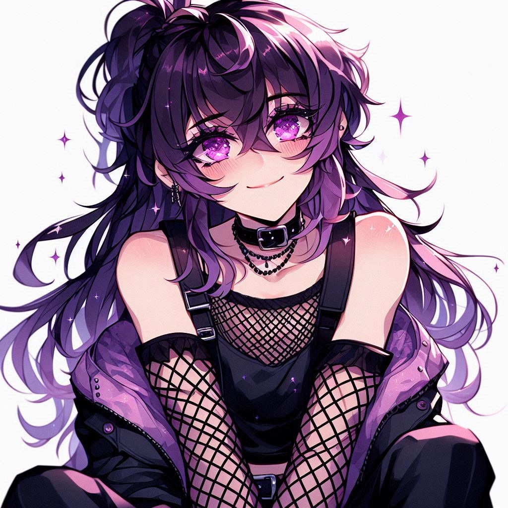 anime boy with dark purple ethereal hair in a ponytail, fluffy bangs, pink twinkly eyes, black...jpg
