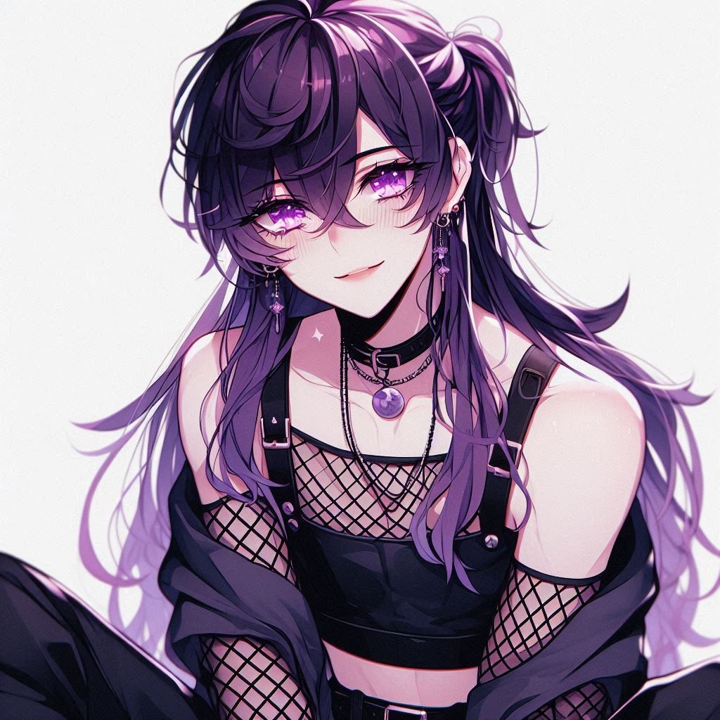 anime boy with dark purple ethereal hair in a ponytail with some fluffy bangs draping over the...jpg