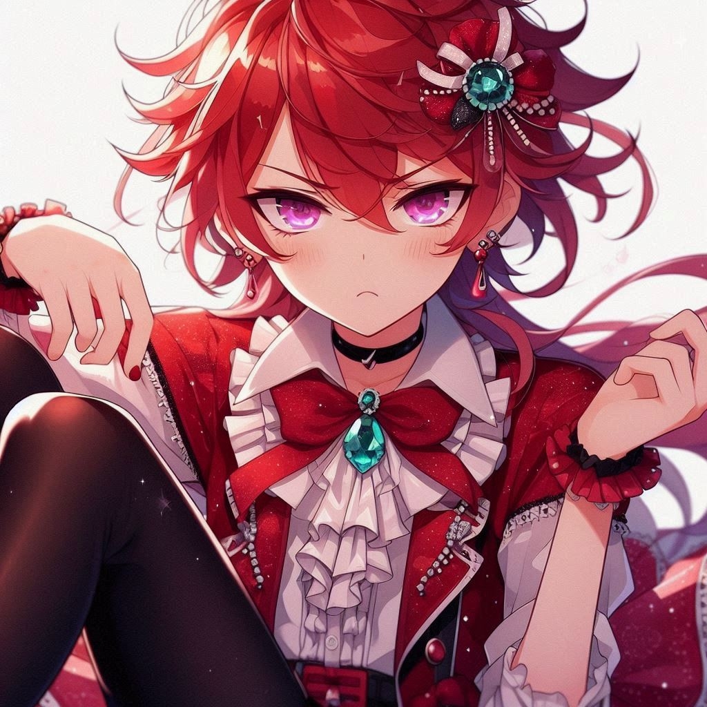 anime boy with sparkly red hair, lilac eyes, a bit of blush, and a jade necklace, wearing his ...jpg
