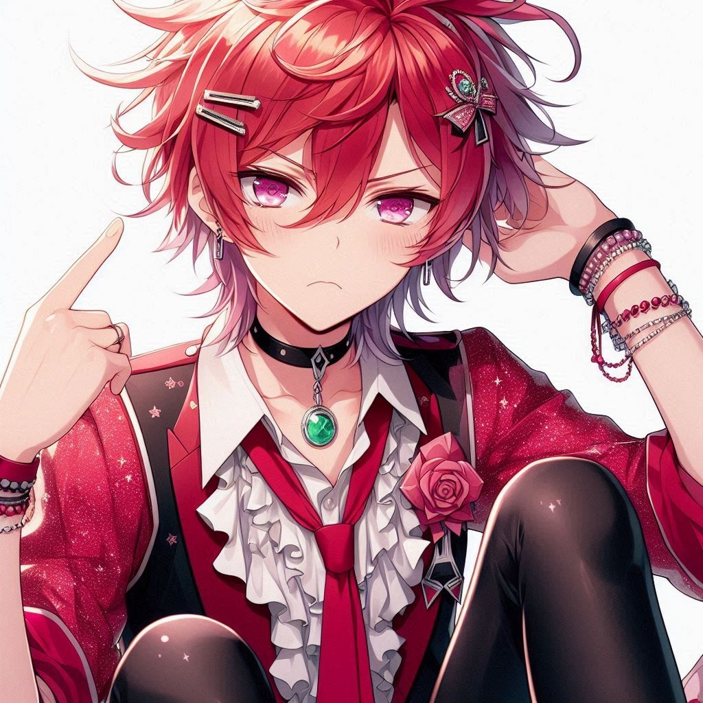 anime boy with sparkly red hair, lilac eyes, a bit of blush, and a jade necklace, wearing his ...jpg