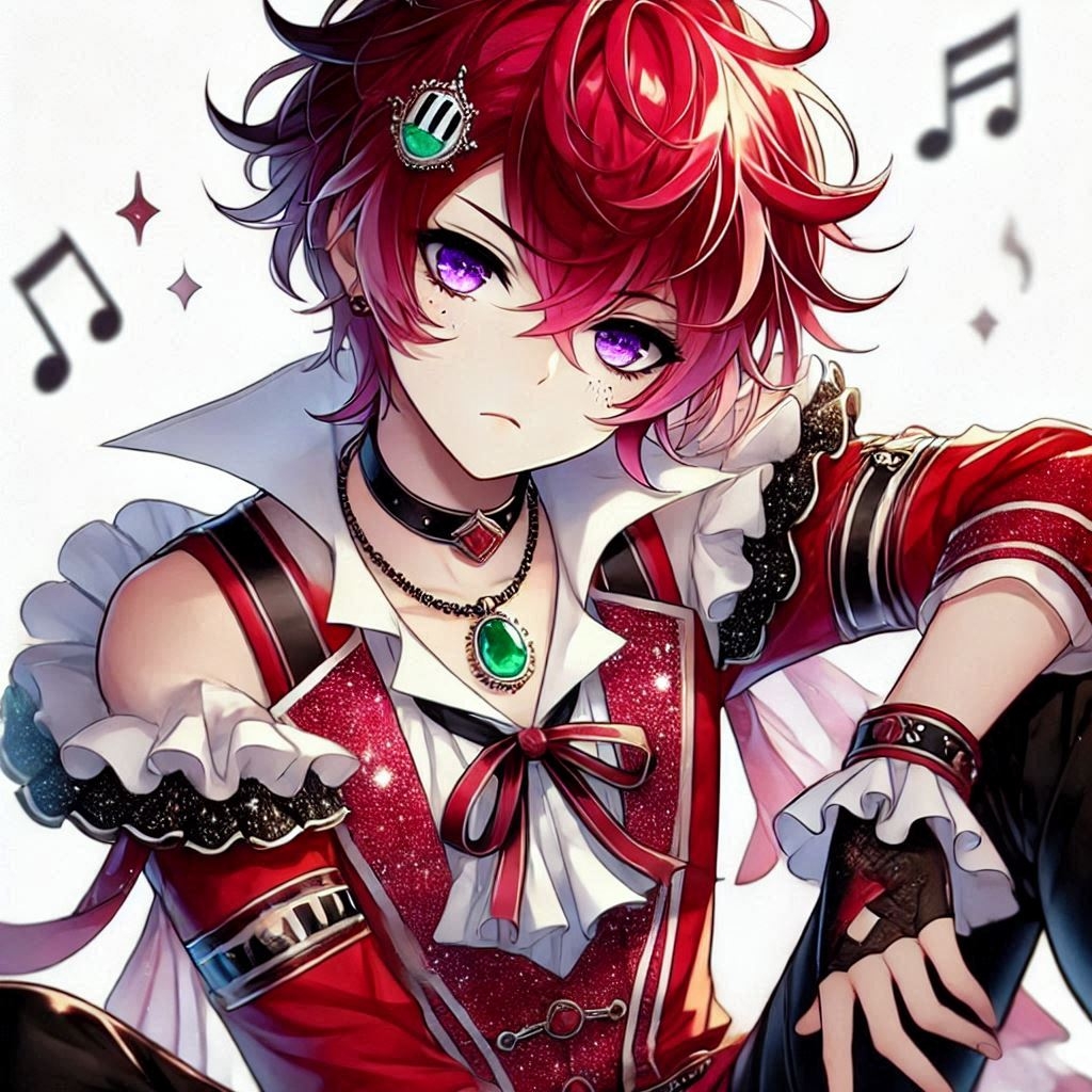 anime boy with sparkly red hair, lilac eyes, a bit of blush, and a jade necklace, wearing his ...jpg