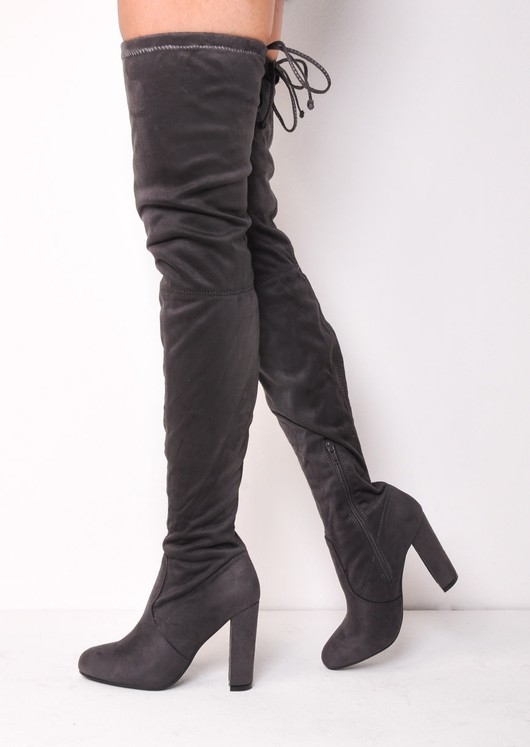Thigh High Block Heel Faux Suede Tie Back Boots Grey roxy 2.jpg