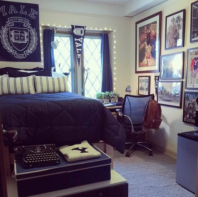 Yale University dorm room Completely themed in yale blue_ Stylin' christmas lights are a good...jpeg
