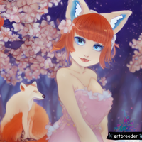 A Blue-eyed girl with short orange hair wearing fox ears dressed in a pink flowy dress standin...png