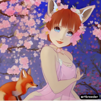 A Blue-eyed girl with short orange hair wearing fox ears dressed in a pink flowy dress standin...png