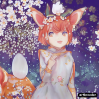 Blue eyed girl with short orange hair with fox ears wearing a dress standing in front of cherr...png
