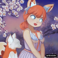 Blue eyed girl with short orange hair with fox ears wearing a dress standing in front of cherr...png