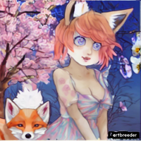 Blue eyed girl with short orange hair with fox ears wearing a dress standing in front of cherr...png