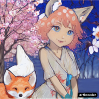 Blue eyed girl with red short hair wearing a dress standing in front of cherry blossom trees w...png