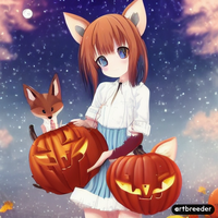 A cute girl with blue eyes and short red hair with fox ears and a fluffy tail with a small fox...png