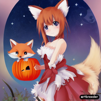 Cute girl with blue eyes and short red hair with fox ears and tail with a small red fox  in a ...png